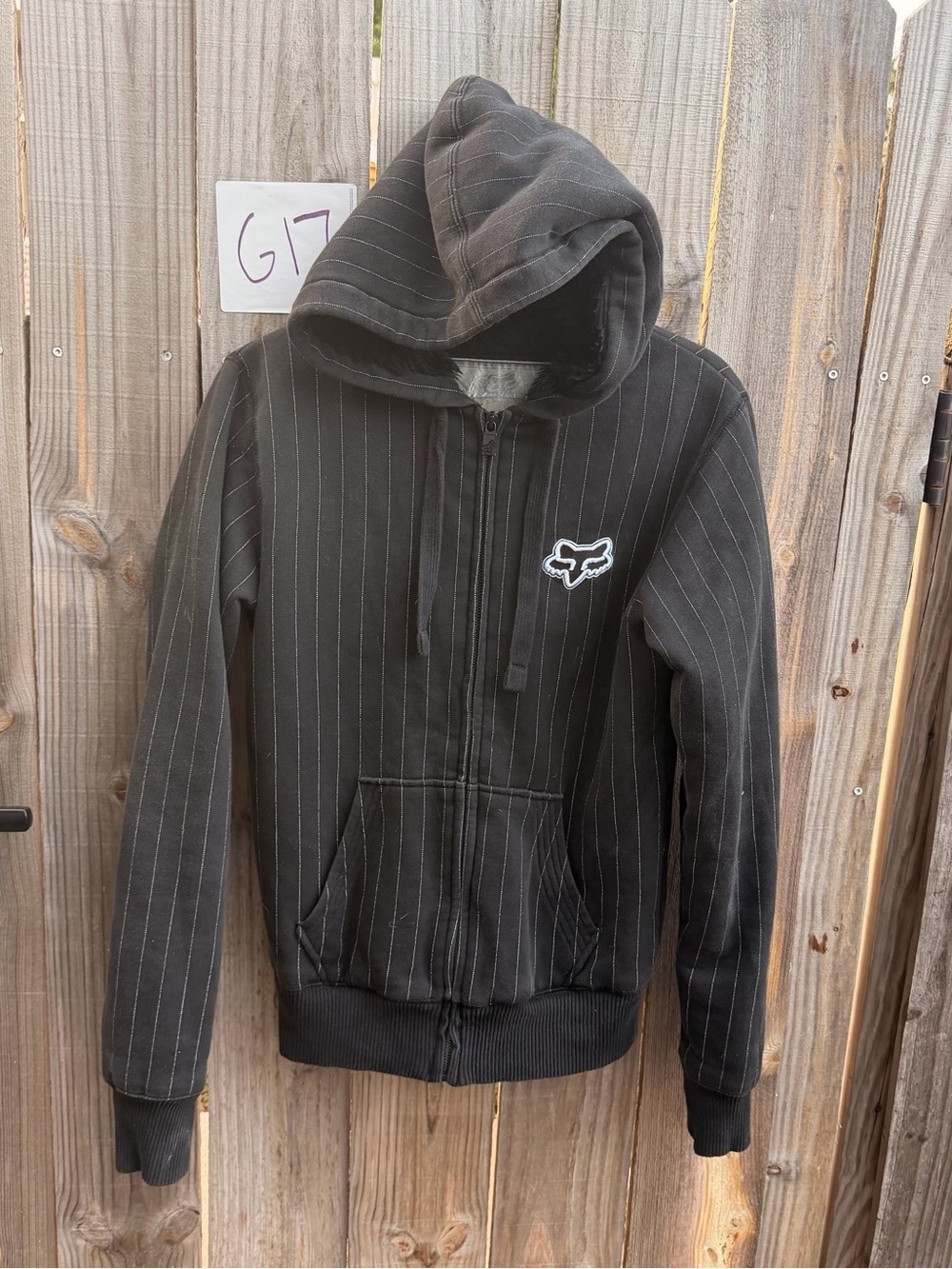 Y2K Fox Black Pinstripe Zip-Up Hoodie Small